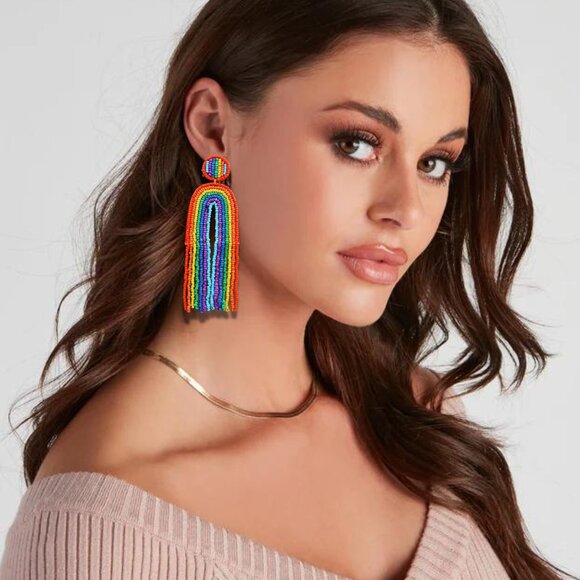 Sachin + Babi Extra Long 5 Inch Rainbow Day Fringe Seed Beaded Earrings NEW - Picture 2 of 3